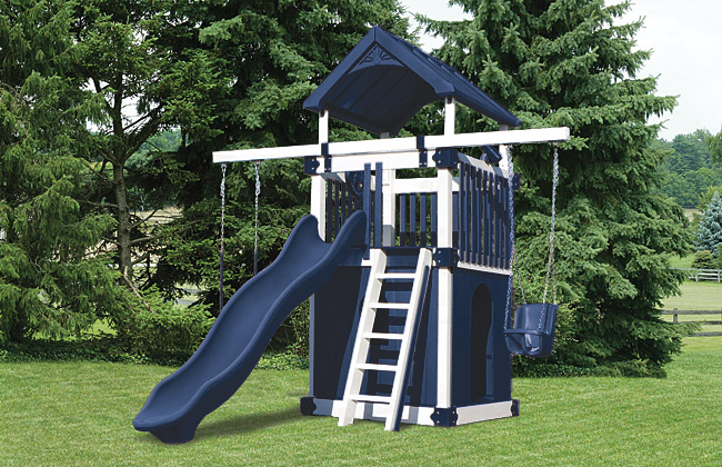 blue and white playset for a small backyard