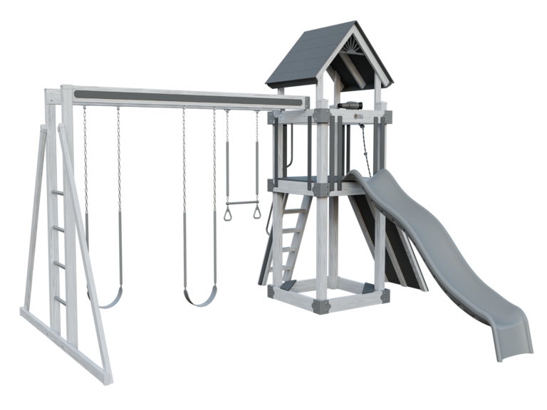 ash wood and gray ready to go basecamp 44 vinyl playset front left view