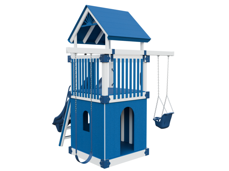 white and blue basecamp 55 clubhouse vinyl playset back left view