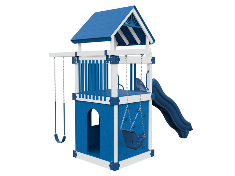 white and blue basecamp 55 clubhouse vinyl playset back right view