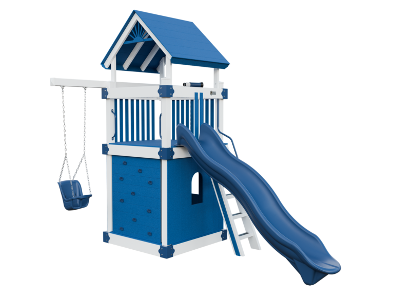 white and blue basecamp 55 clubhouse vinyl playset front left view