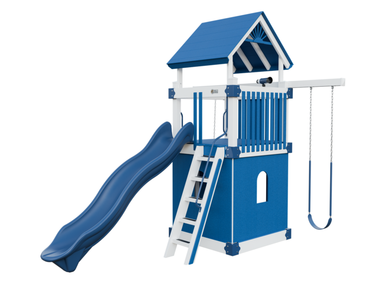 white and blue basecamp 55 clubhouse vinyl playset front right view