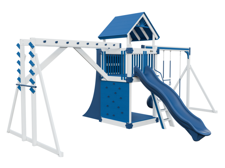 white and blue basecamp 55 fitness vinyl playset front left view