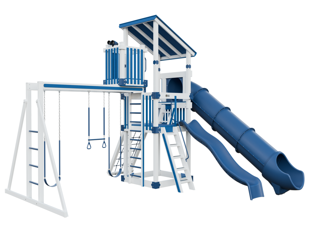 white and blue basecamp 55 looker vinyl playset front left view