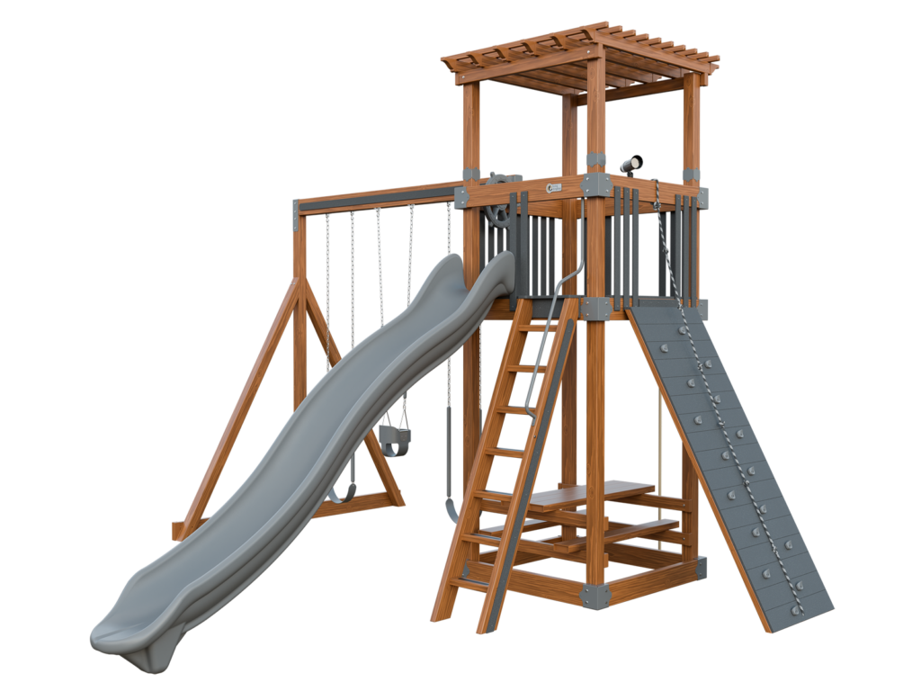 chestnut wood and gray basecamp 55 stargazer vinyl playset front right view