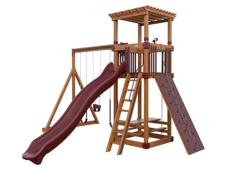 chestnut wood and red basecamp 55 stargazer vinyl playset front right view